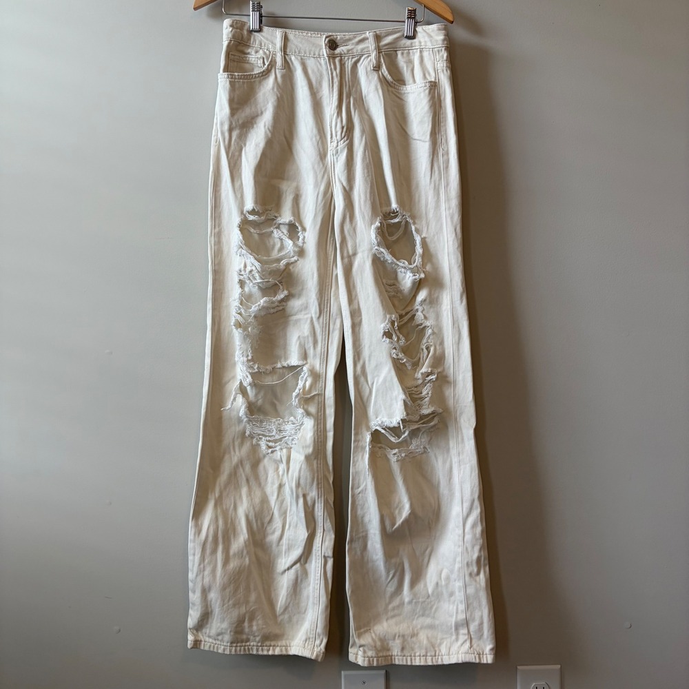 Vervet Women 28 Cream Distressed Wide Leg Jeans V2735